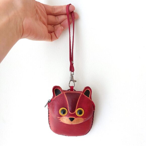 Genuine leather coin wallet purse - animal face cat racoon bear keyring wristlet - Picture 2 of 6